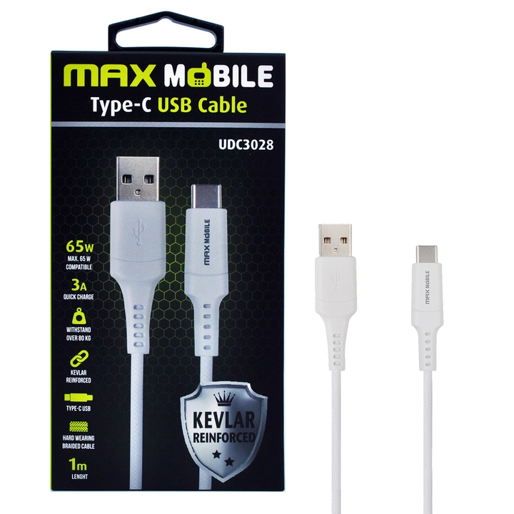 MAXMOBILE data kabel USB 2.0, type-C UDC3028 kevlar white QC 3A 1m